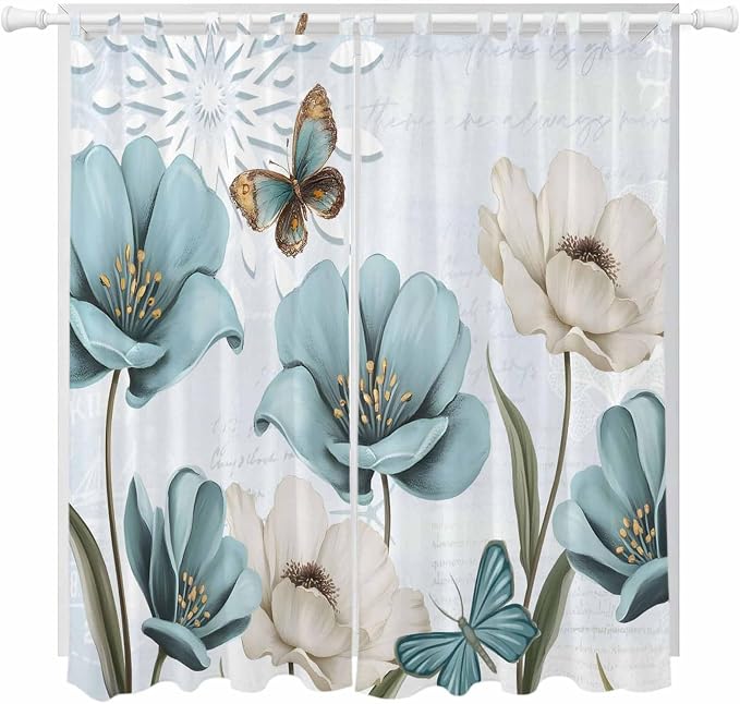 Blue Tulips Living Room Curtains 96 Inch Length, Window Curtains Tab Top