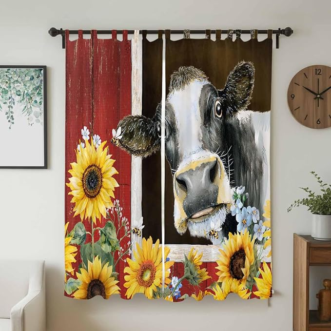 Cows Sunflowers Living Room Curtains 84 Inch Length, Window Curtains Tab Top