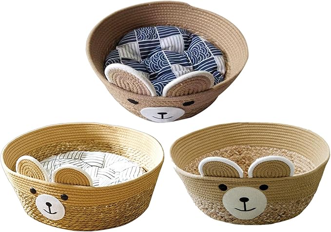 Pet Bed Woven Basket with Detachable Cushion Cartoon Bear Theme Basket Bed Dog Detachable Cushion Nest Pet Furniture