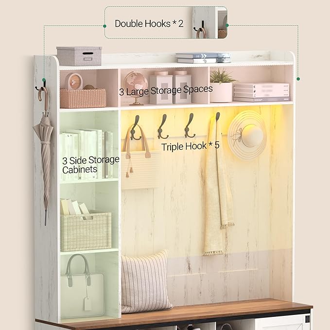 59.8" Hall Tree, LED Farmhouse Entryway Storage and Coat Rack Wood, Entryway