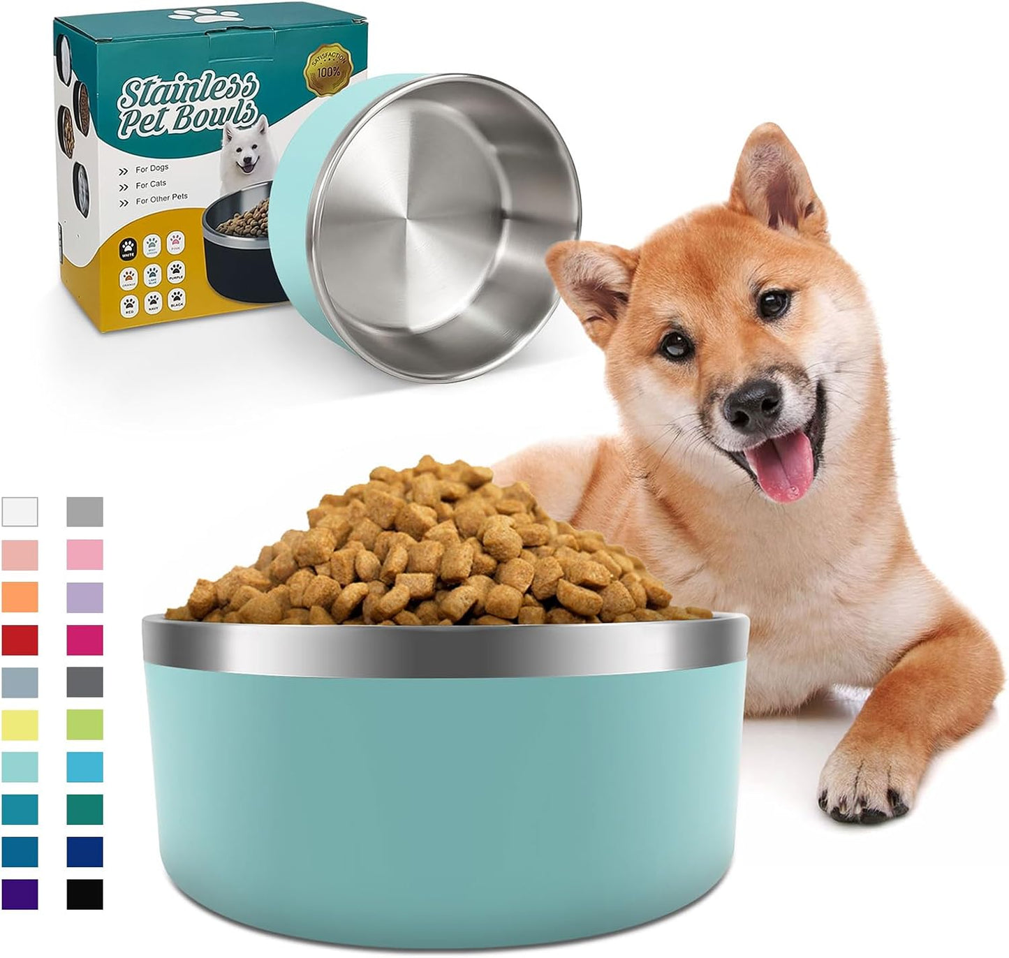 IKITCHEN Dog Bowl for Food and Water, 40 Oz Stainless Steel Pet Feeding Bowl, Durable Non-Skid Double Wall Insulated Heavy Duty with Rubber Bottom for Medium Large Dogs (40 Ounces/5 Cup, MintGreen)