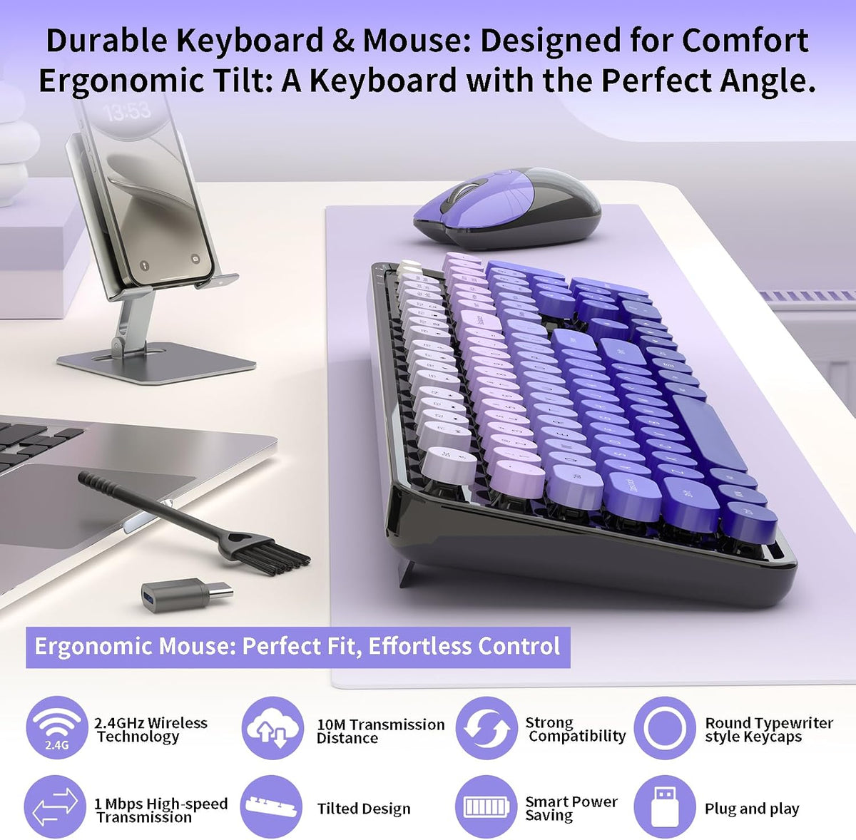 Wireless Keyboard and Mouse, 104 Round Keycaps Retro Typewriter Purple