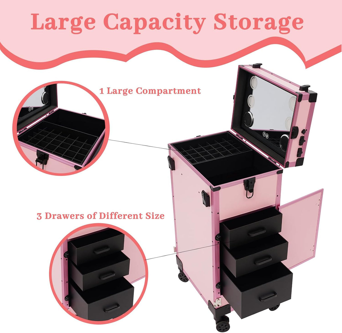 Rolling Makeup Train Case with 4 Drawers&Mirror, Foldable Makeup Nail Desk with Table&Blueteeth Speaker, Lockable Manicure Table for Technician Workstation Salon (Pink)