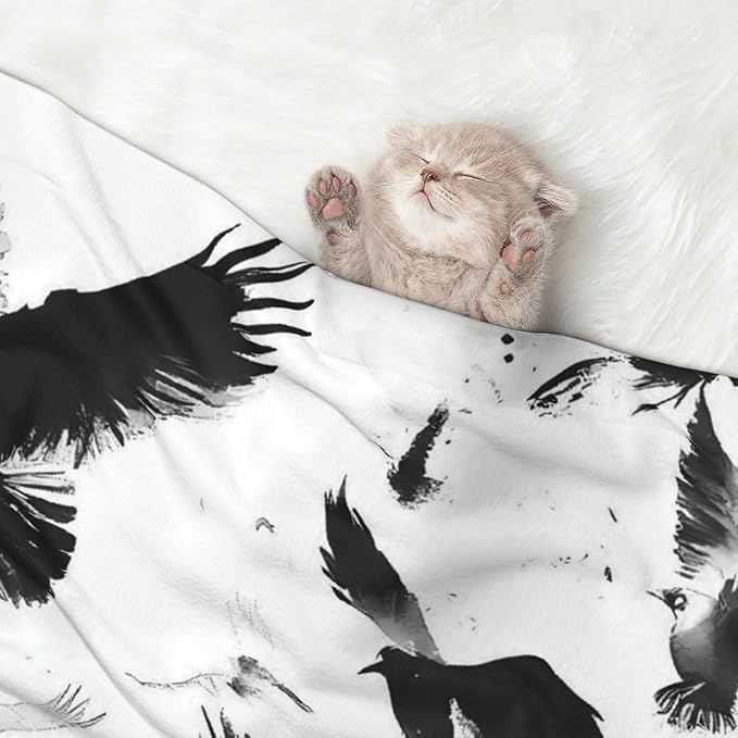 Waterproof Dog Blanket Soft Pet Blanket for Puppy Cat, Fleece Cat Throw Blankets for Furniture Bed Couch Sofa Reversible - Monochrome Flying Ravens