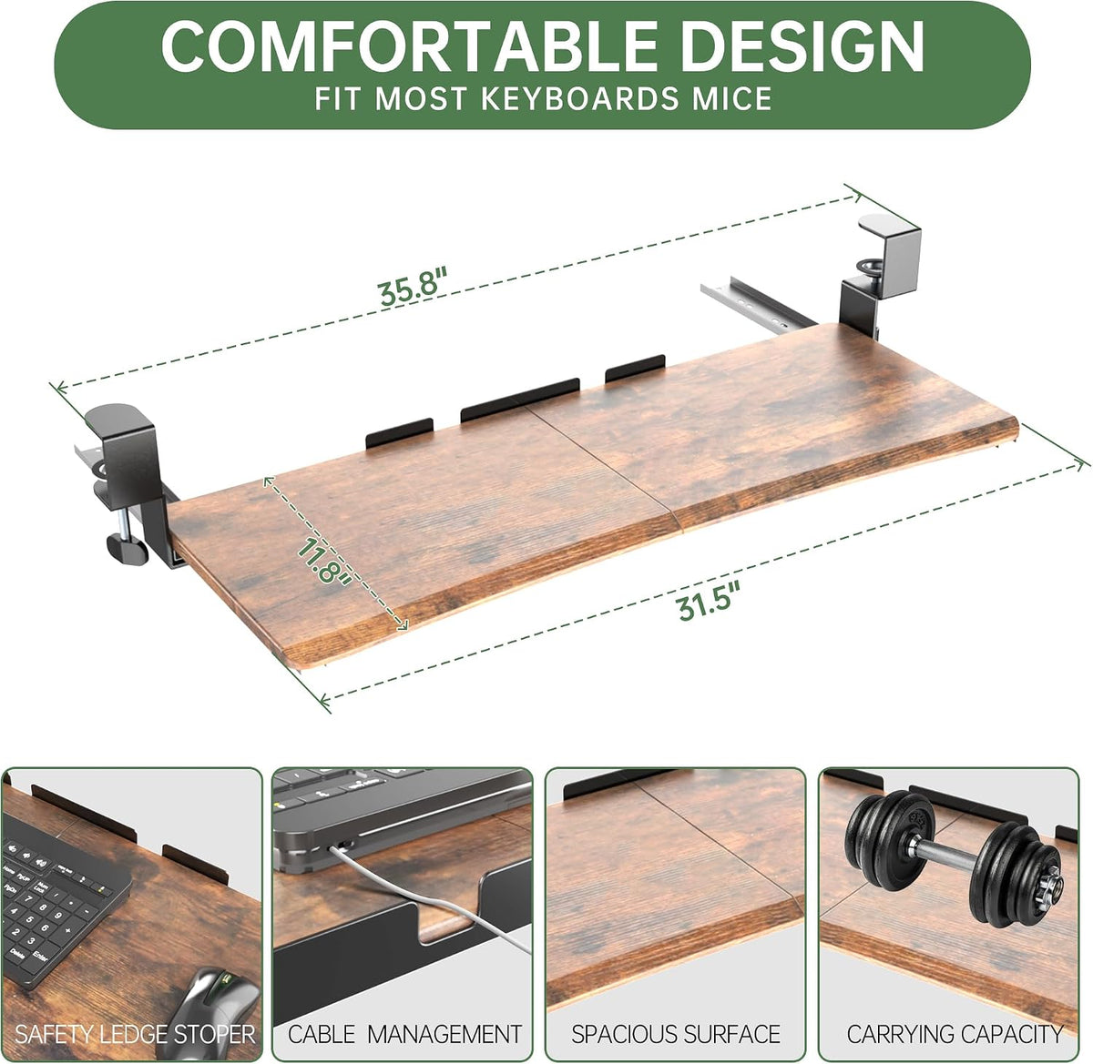 UPGRAVITY Extra Large Keyboard Tray Under Desk Rustic Vintage Brown