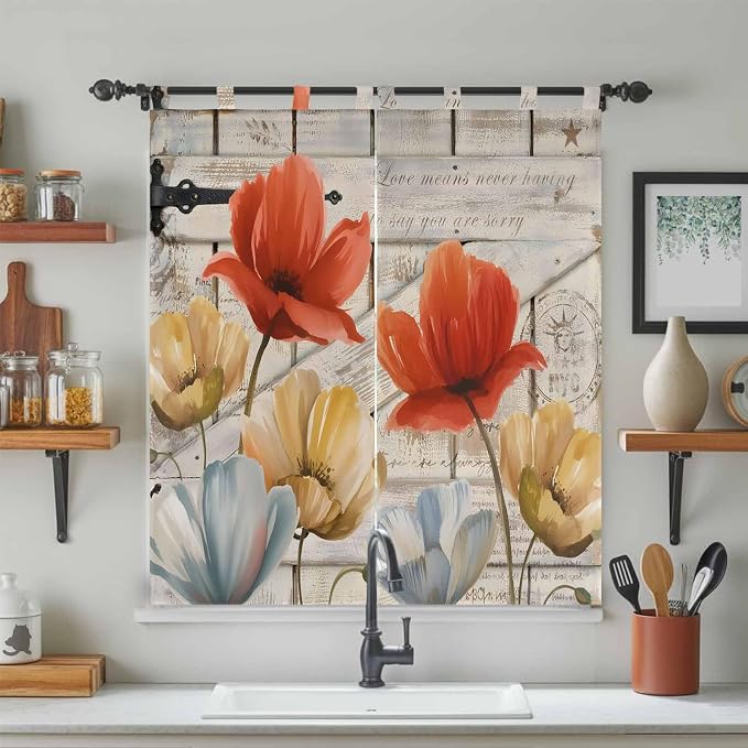 Retro Floral Living Room Curtains 84 Inch Length, Window Curtains Tab Top