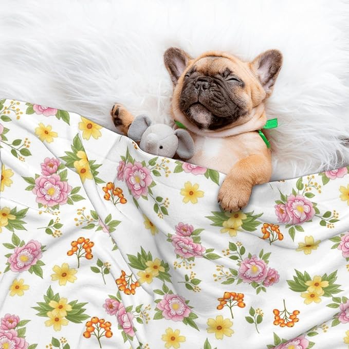 Double Sided Pet Throw for Dogs Who Shed, Colorful Rowan Berries Blossoming Spring Poppies Pattern, Reversible Blanket with Nubby Dot Side Catches Loose Fur for Easier Furniture Cleanup