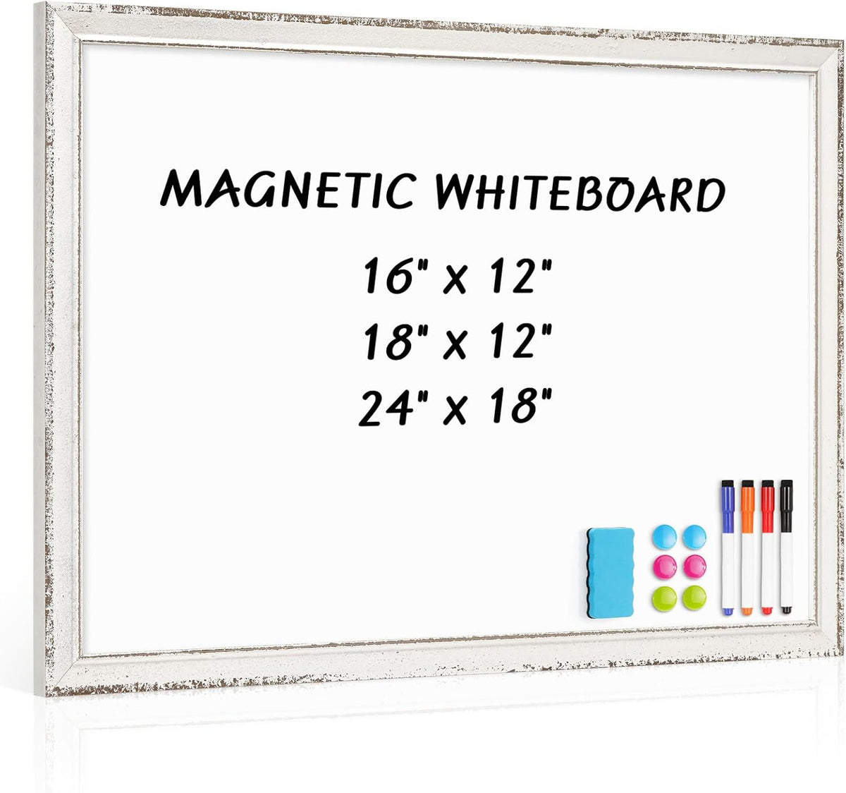 Magnetic White Board for Wall, 24" x 18", Rustic Whitewashed Wooden Frame