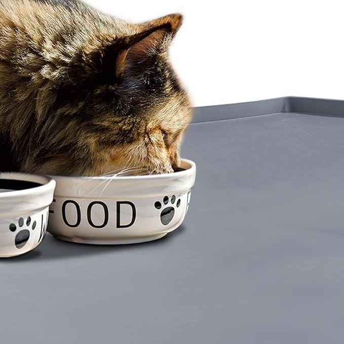 Dog Food Mat,Silicone Waterproof Food Tray,Non Slip Pet Bowl Mats Placemat,0.6" Raised Edge,Suitable for Most Small and Medium Sized Pets,24" x 16"