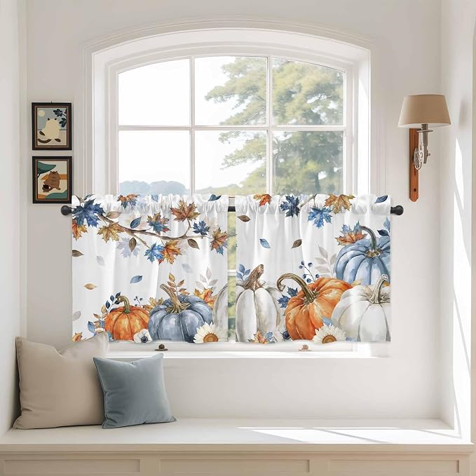 Navy Blue Pumpkin Fall Kitchen Tier Curtains 36 Inch Long 2 Panel Set, Rod