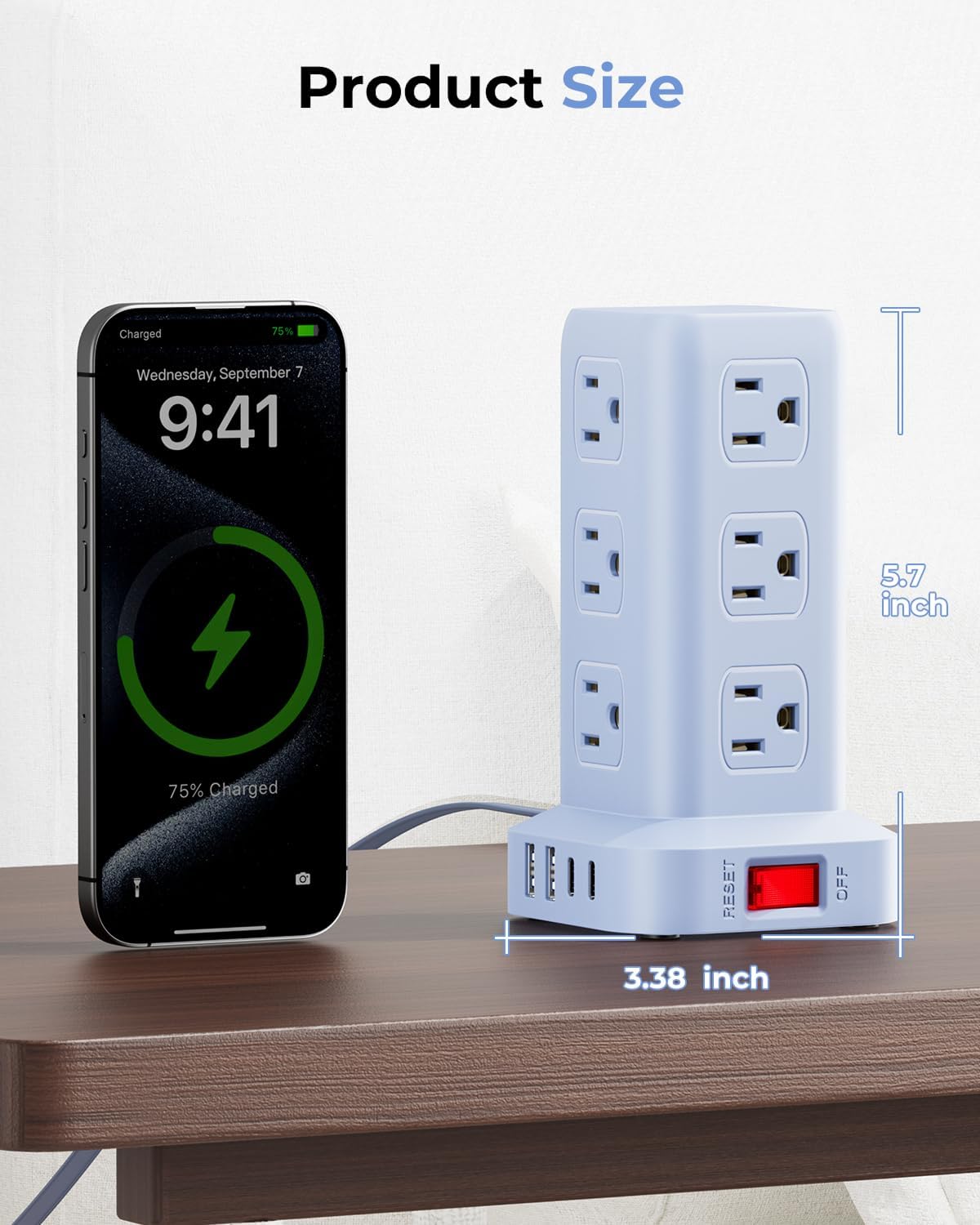 Blue Power Strip with 12 Outlets 4 USB (1 USB C), 6.5Feet Extension Cord with Multiple Outlets, Charging Station, Power Strip Tower, Home Office Desk Supplies