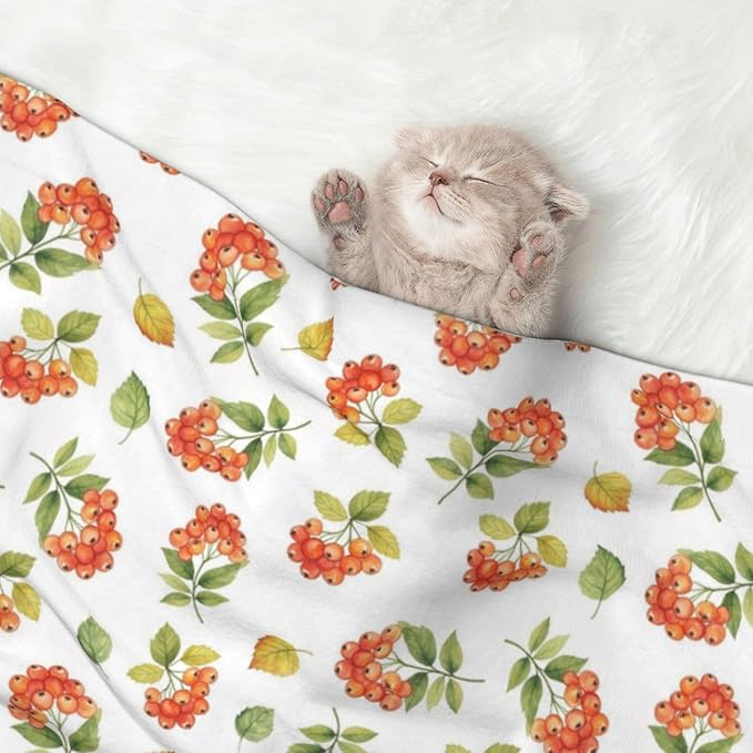 Dog and Cat Blanket in One, Flower Berries Autumn Orange Art Pattern, Double Sided Plush Throw with Raised Dot Pattern on One Side and Flat Velvet on Other for Variety