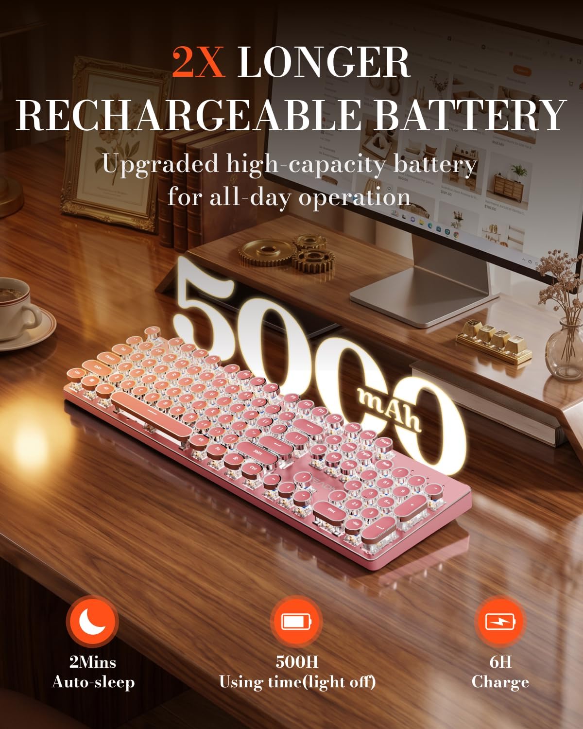 Wireless Typewriter Style Mechanical Keyboard with White Backlit, Pink