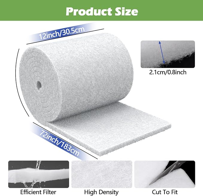 Classic Pond Filter Pad Media 12"x72"x1", 6 Ft² White Thicker Reusable