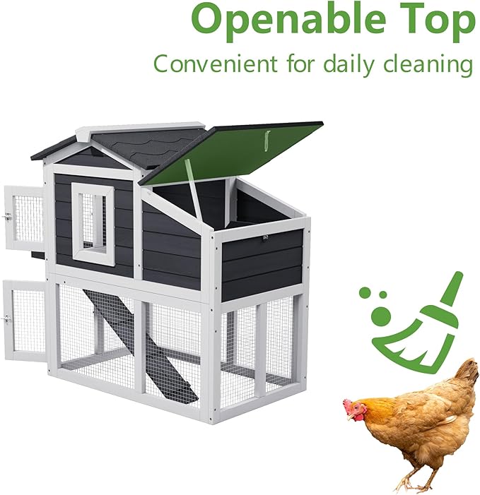 Chicken Run Coop, Wooden Duck Coop Outdoor 2-Tier Hen House All Weather Used Poultry Quail Cage Rabbit Hutch Pet Hideout with Ramp for Small Medium Animals(Grey)