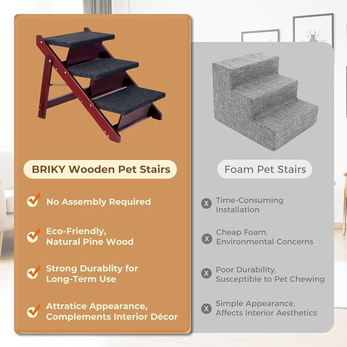 BRIKY Wooden Dog Stairs/Steps 19.5”H - Foldable 3 Steps Dog Steps for High Bed Couch Cars, Non-Slip Pet Stairs for Small Large Medium Dogs and Cats, No Assembly Required