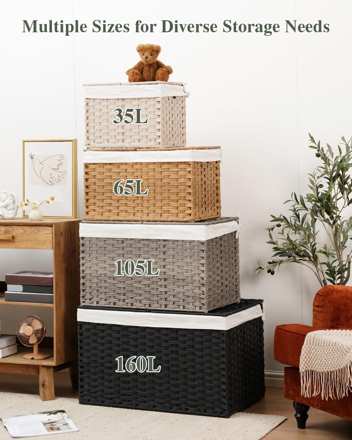 SETVSON Storage Basket with Lid, 2-Lid PE Rattan Storage Bin, Brown
