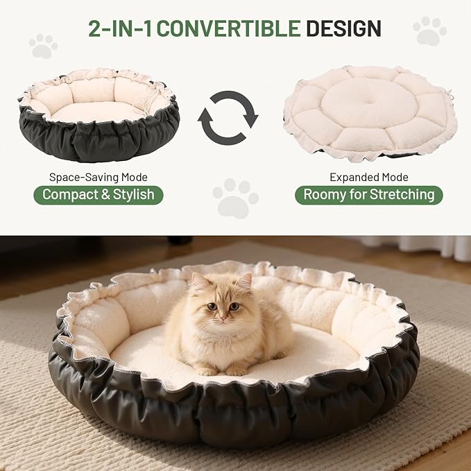 All-Season 2-Sided Pet Bed, 20.8 Inch Adjustable Drawstring Cat Bed and Small Dog Bed, Reversible with Cozy Warm Plush Sherpa Side & Cool Anti-Slip Water-Resistant Bottom for Cats and Small Dogs
