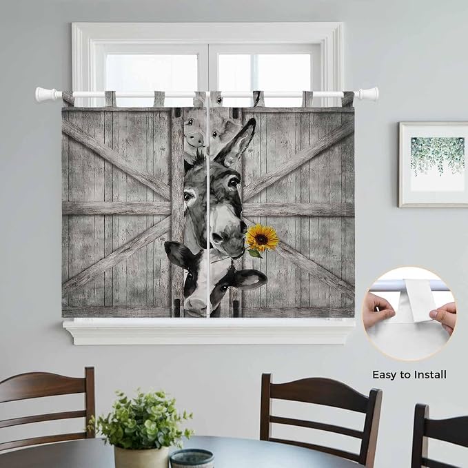 Funny Farm Animals Bedroom Curtains 63 Inch Length, Window Curtains Tab Top