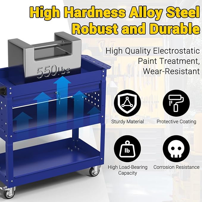 3 Tier Rolling Tool Cart on Wheels, 550 LBS Tool Cart with Drawers，Heavy Duty Utility Cart with Pegboard and Hook，Mechanic Tool Storage Cart for Garage, Warehouse and Repair Shop(Dark Blue)