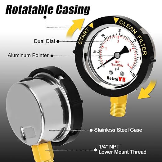 0-60PSI Pool Filter Pressure Gauge, 2 inches Dial, 1/4" NPT Bottom Mount