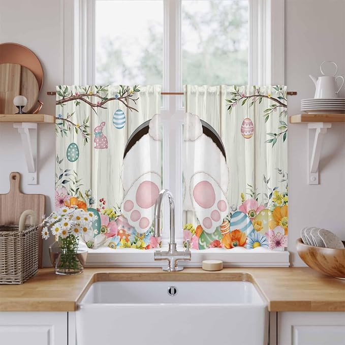Easter Kitchen Tier Curtains 45 Inch Long 2 Panel Set, Rod Pocket Short Window