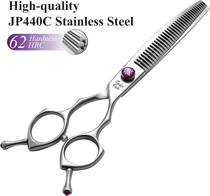 Fenice Peak 8.0‘’ Curved Chunker Dog Grooming Scissors with Purple Flashing Screw Professional 440C Stainless Steel Natural Color Pet Trimming Shears with Offset Handle Durable and Sharp