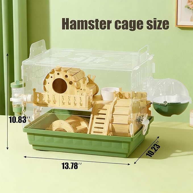 Acrylic Hamster Cage,Small Animal Houses&Habitats with Accessories,Hamster Enclosure with Stairs,Clear Pet Mice House,For Dwarf Gerbil,Dwarf Hamster,Pet Mice(Green,13.78"L*10.23"W*10.83"H)