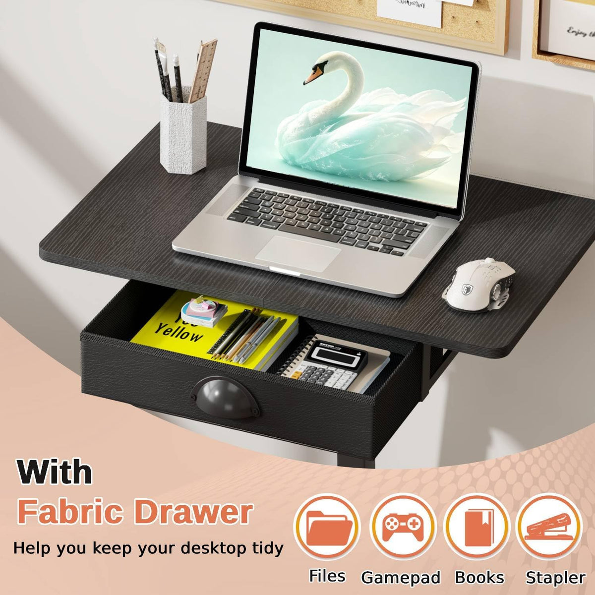 Rolling Adjustable Height Computer Desk With Drawers, Small Mobile Laptop Desk Cart On Wheels For Small Spaces Home Office, Portable Sitting Laptop Table For Bed Couch Load Up To 60LBS, Sturdy, Black