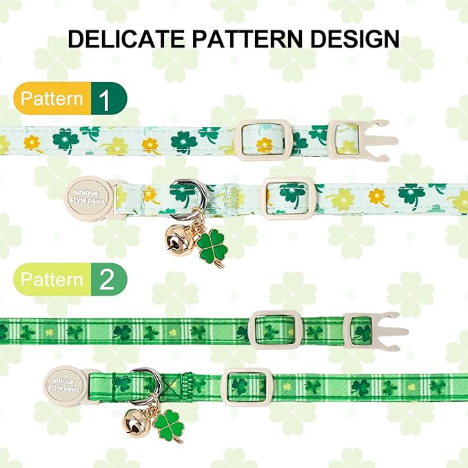 Unique Style Paws Saint Patrick Cat Collar,Shamrock Cat Collars,Green Kitten Collar Breakaway Buckle,Adjustable St. Patrick Day Puppy Collar,Ideal Gift for Boy Girl Cats