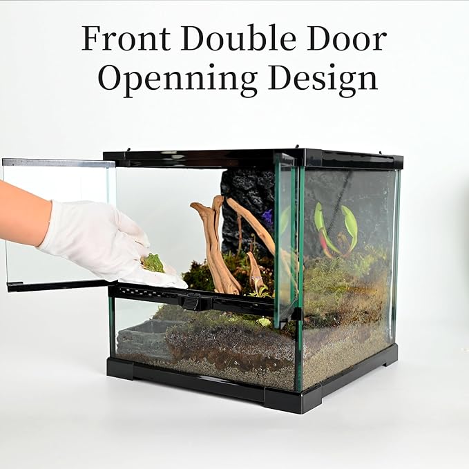 Reptile Glass Tank 12"*12"*12" Terrarium Habitat with Double Hinge Door and Top Screen Ventilation for Bearded Dragon,Lizard,Leopard Gecko,Snake,Hermit Crab with Carpet and Hygrothermograph
