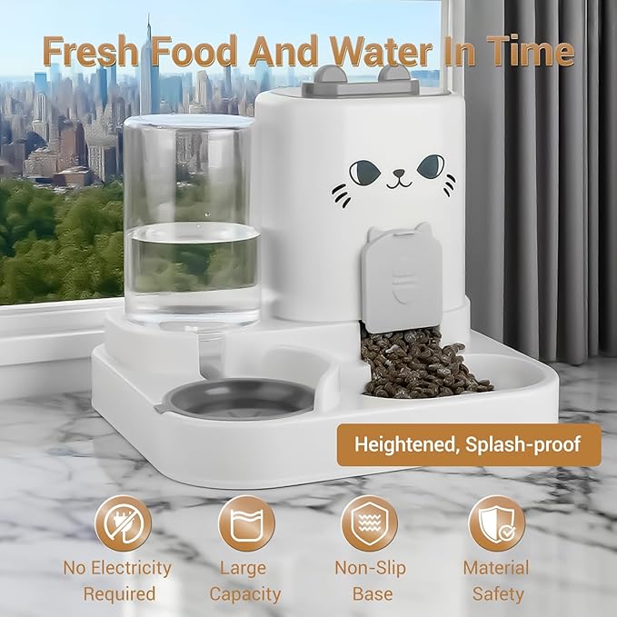 2-in-1 Gravity Pet Feeder & Water Dispenser for Cats Dogs - Large Capacity Cat Food Station with Water Bowl, Travel-Friendly (Gray)