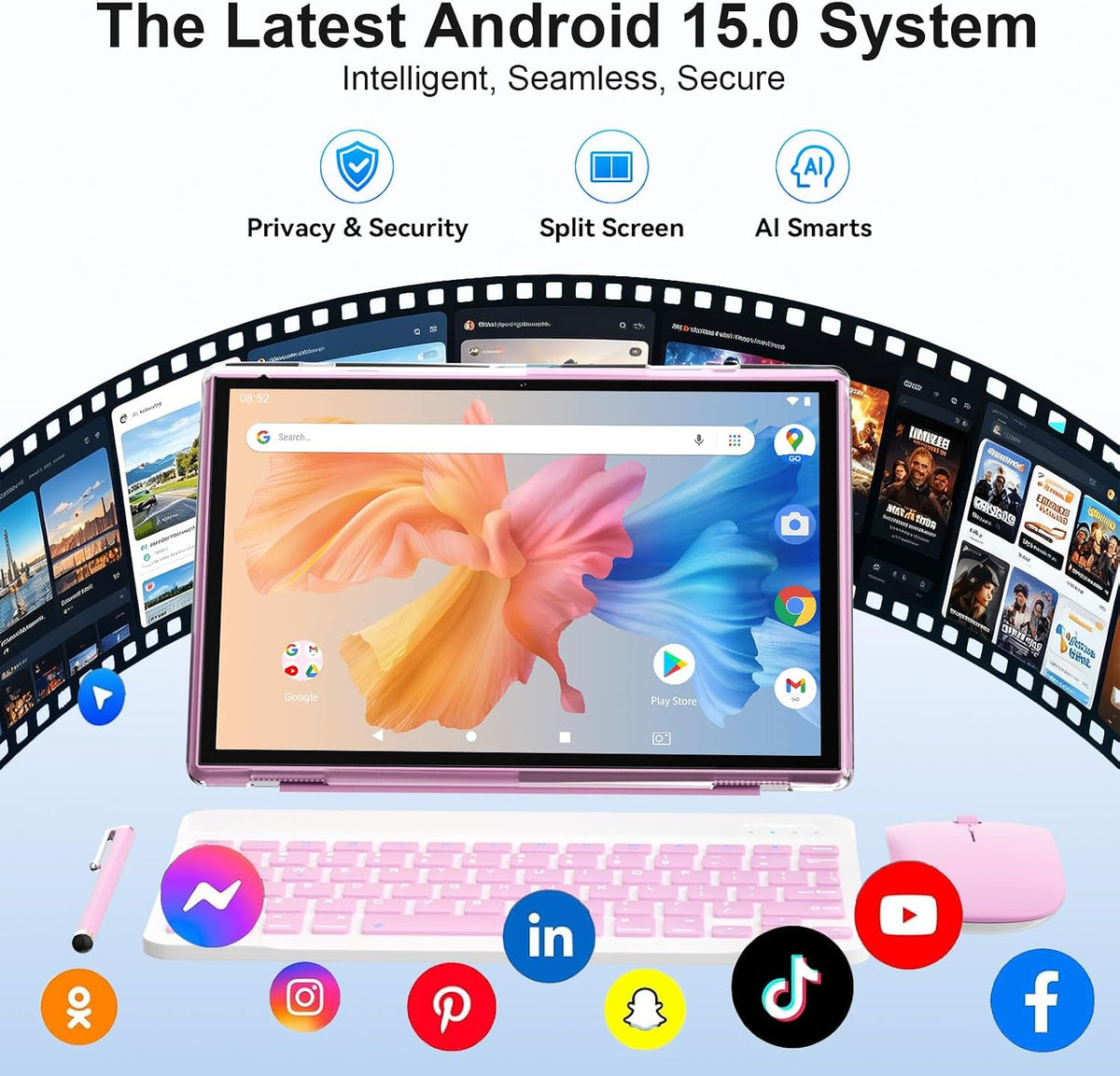 10 inch Tablet 2 in 1 Android 15 Tablets with Keyboard, 10" Tabletas Include Mouse Keyboard Stylus Case, 6000mAh 8GB RAM 32GB ROM Support 1TB Expandable Tableta Dual Camera 5G WiFi-6 Bluetooth Tablet