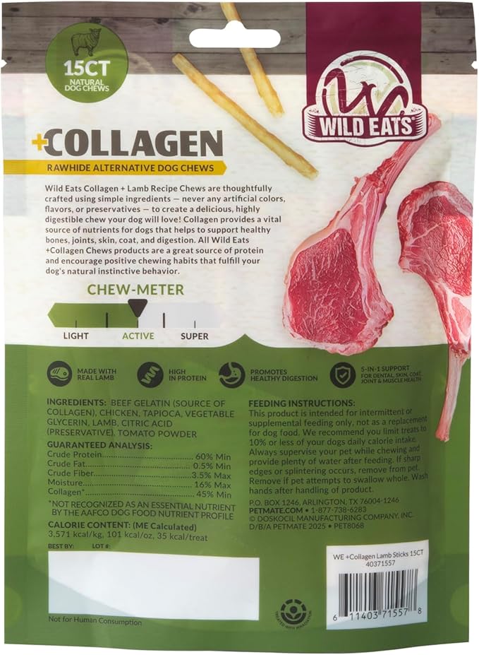 Wild Eats Lamb Collagen Sticks for Dogs (15 Pack, 1 cm Wide) Long Lasting Dog Chews No Hide Dog Treat Bully Stick Alternative, Rawhide Free, Grain Free, High Protein