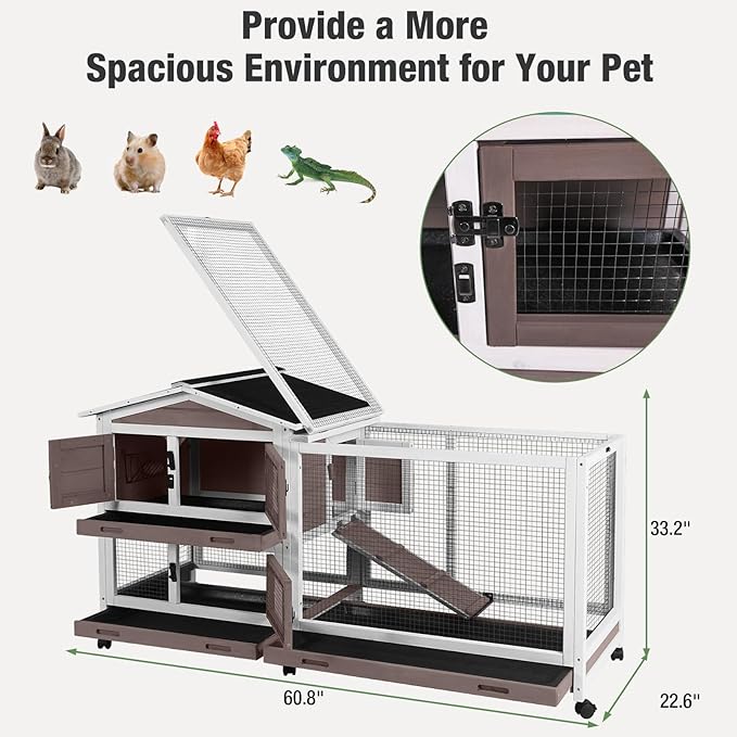 Indoor/Outdoor Rabbit Hutch with Pull-Out Tray, Weatherproof Bunny Cage & Attached Run - Also for Chickens (Brown, L)