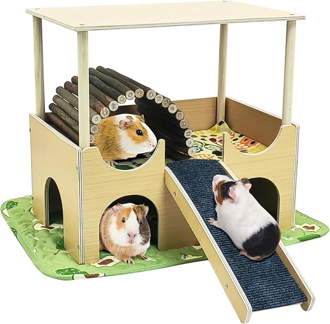Fhiny Large Guinea Pig Hideout, 2 Tier Wooden Chinchilla Castle with Stair Bridge and Soft Mat Piggies House Small Animal Hideaway Hamster Habitat Decor for Chinchilla Hedgehog Hamster Gerbil Rat