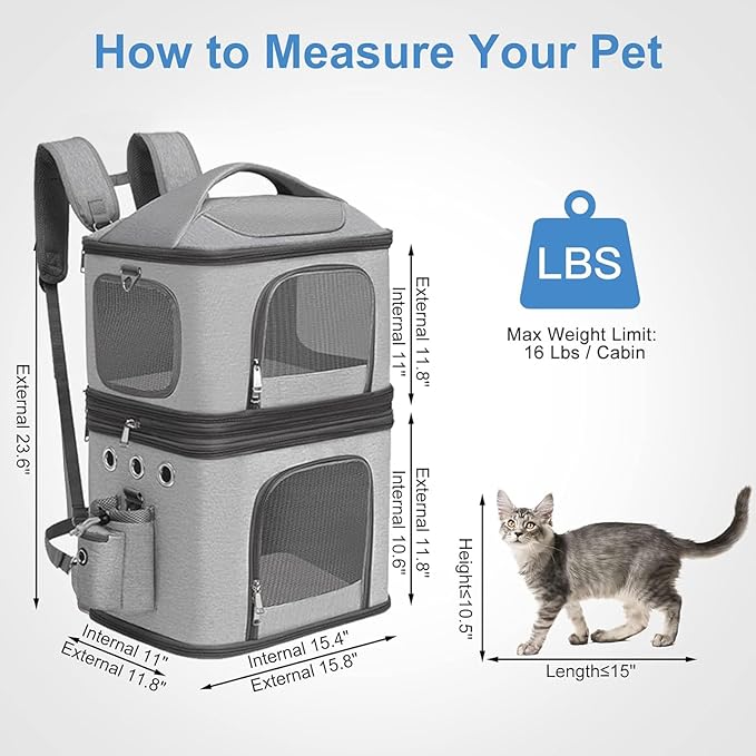 Detachable Double Pet Carrier Backpack for Cats and Small Dogs, Cat Travel Carrier for 2 Cats, Perfect for Traveling/Hiking/Camping, Grey