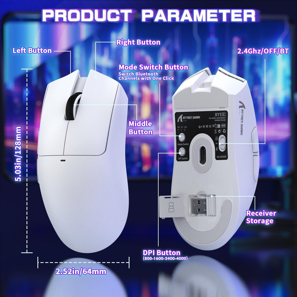 ATTACK SHARK X11 SE Ultra-Light Wireless Gaming Mouse, White