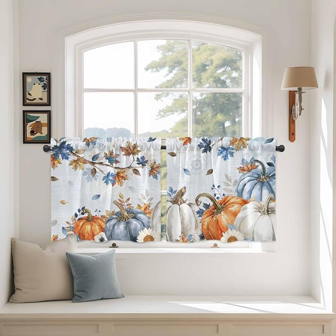 Fall Blue Maple Kitchen Tier Curtains 36 Inch Long 2 Panel Set, Rod Pocket Half
