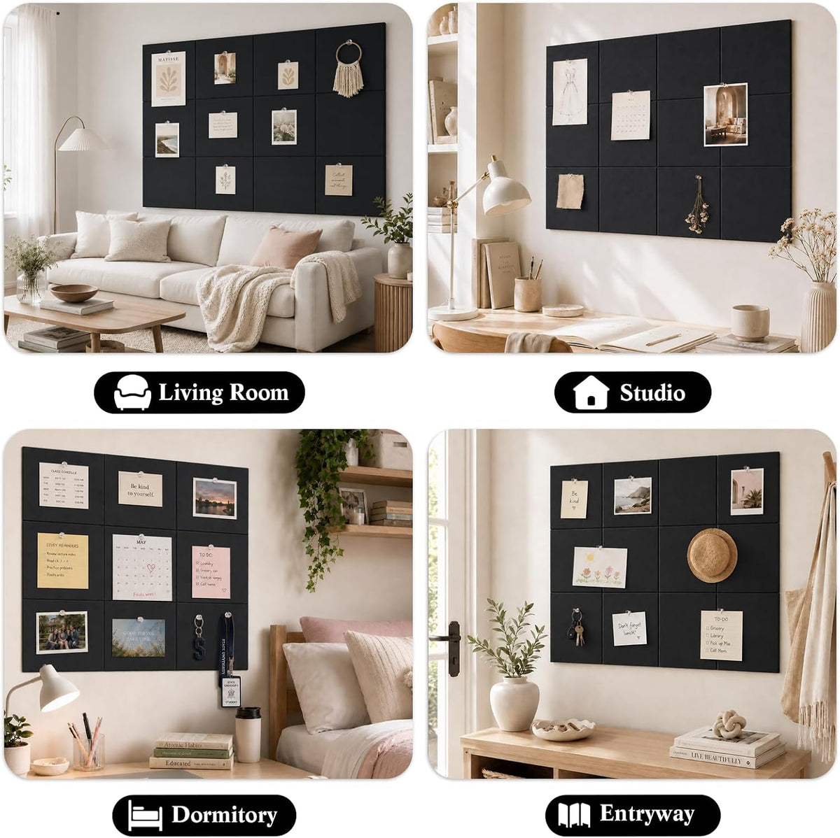 48" x 36" Decorative Bulletin Boards, Large Cork Board Alternative | 50 Pushpins, 60 Adhesive Tabs, Solid-Tile 12-Pack Felt Wall Tiles, Cork Boards for Office Push Pin Board Felt Board, Black