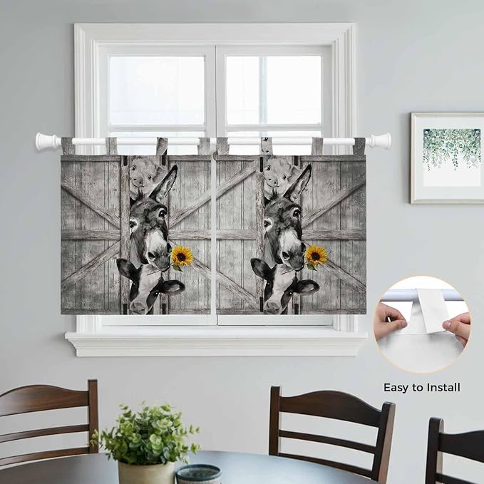 Funny Farm Animals Kitchen Curtains 36 Inch Length, Small Window Curtains Tab