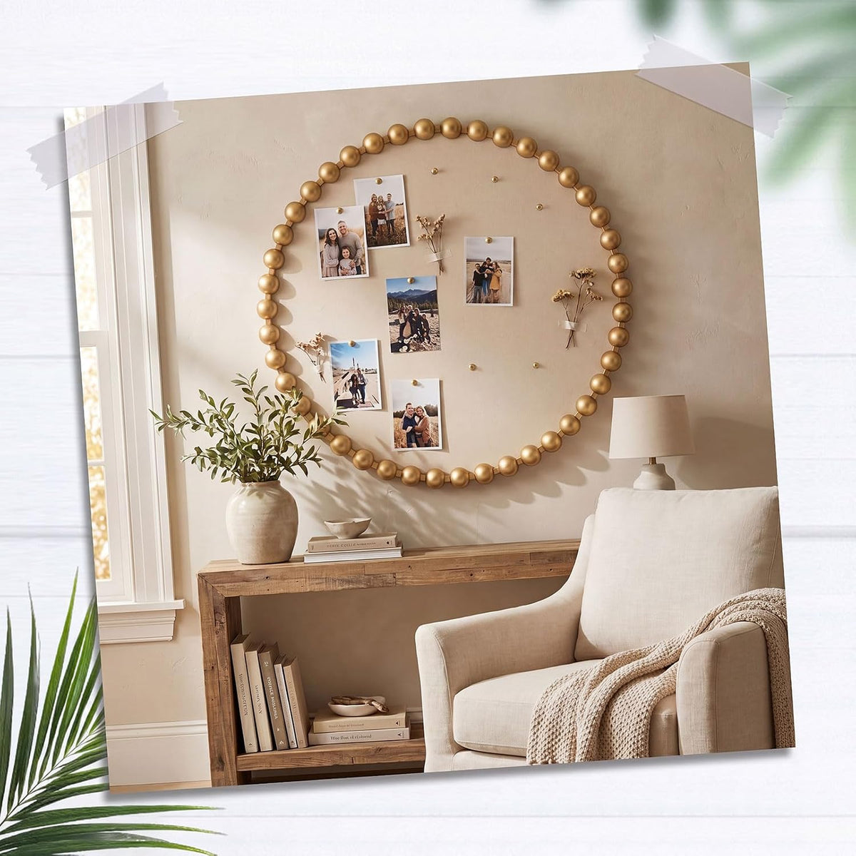 24 Inch Gold Bulletin Board, Beaded Frame Linen Fabric Pin Board