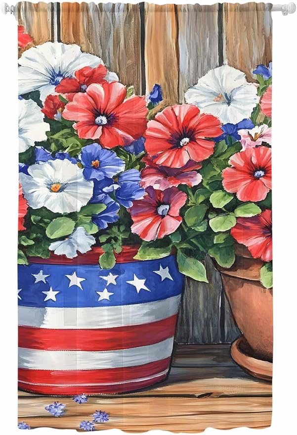 Sheer Curtains 84 Inches Long, Retro Independence Day Flag Wood Grain Privacy