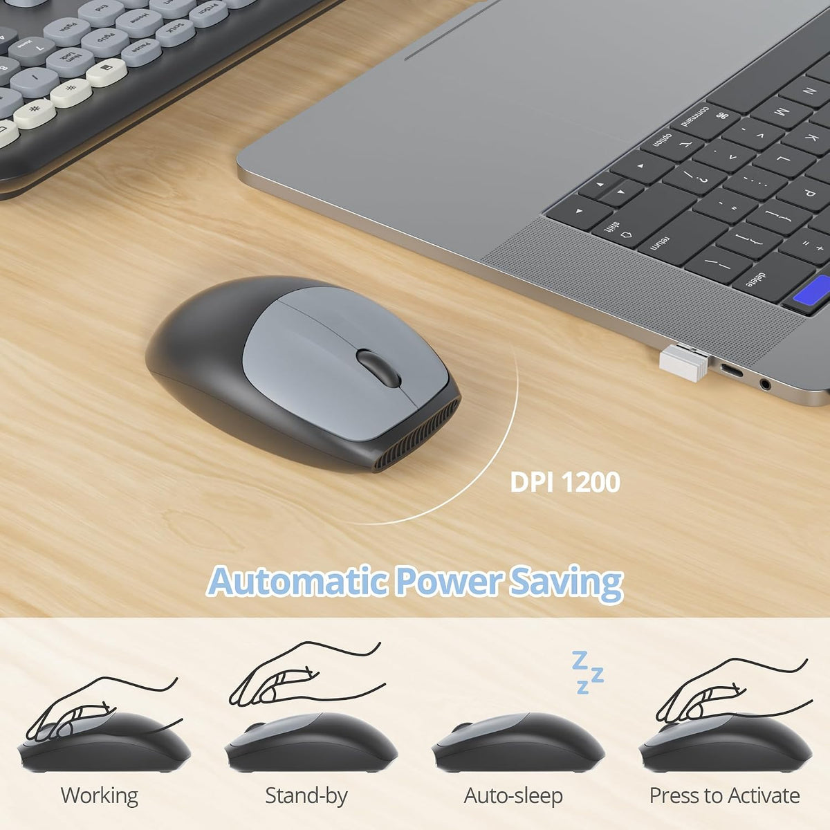 Wireless Typewriter Keyboard and Mouse Combo Retro 104 Key Full Size Office Set Black and Gray Keyboard with Silent Round Keycaps, Ideal for Laptop and Desktop PCs, Cute Design Keyboard