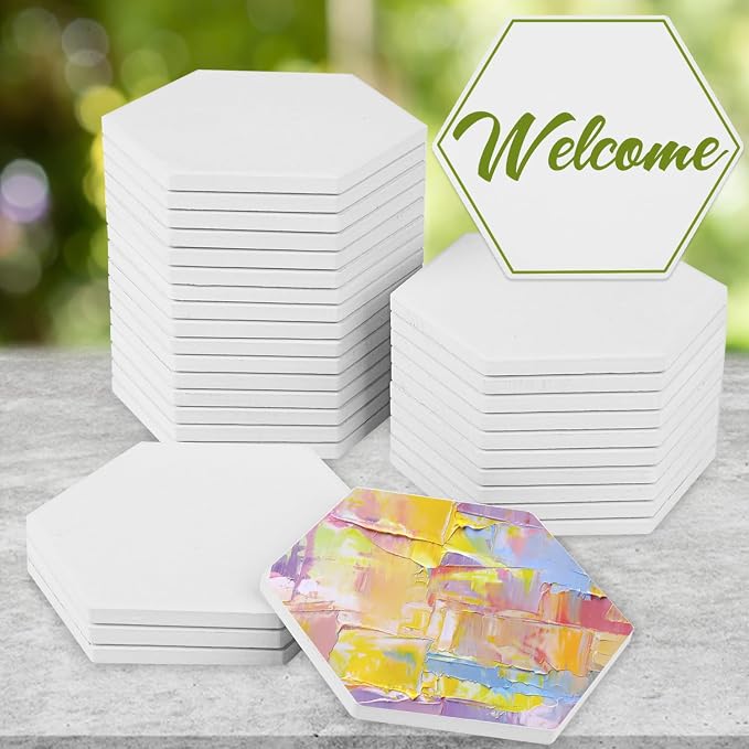 30 Pieces 3.75 Inch Hexagon Blank Ceramic Coasters, Unglazed Ceramic Tiles