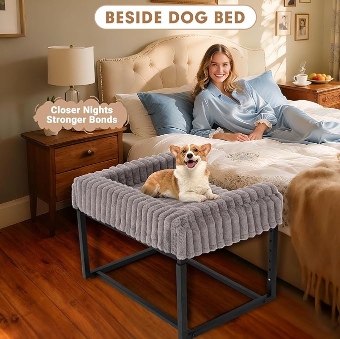 Beside Dog Bed,Adjustable Height Dog Bunk Beds,27.5''x 18''Metal Dogs Bed Frame with Washable Removable Corduroy Cover,Memory Foam Pet Bed with Sides,Medium