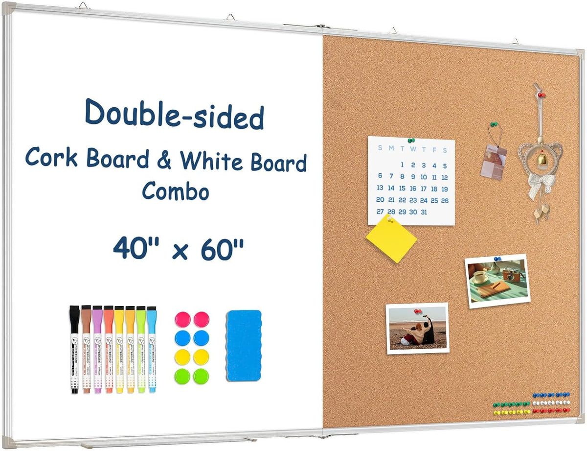 Large White Board Dry Erase Foldable Cork Board Combo 60x40 for Wall