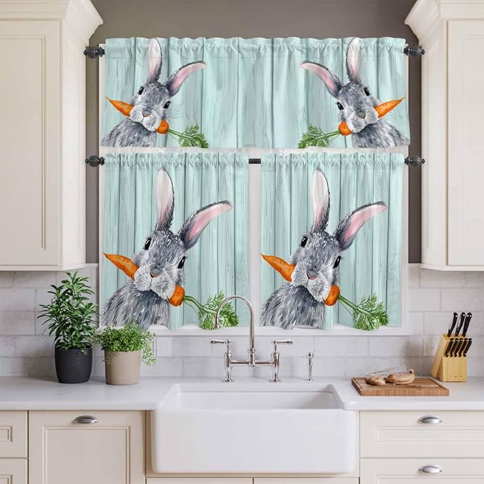 Easter Kitchen Curtain Set, Spring Rabbit Botanical Carrots Green Wooden Grain