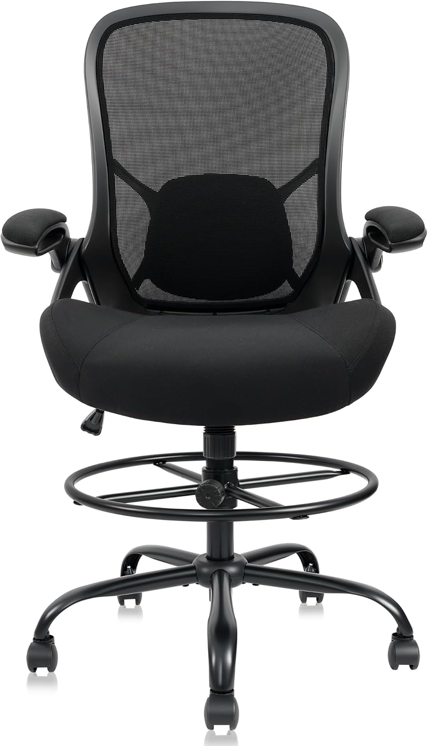 HYLONE 400lbs Big and Tall Heavy Duty Drafting Chair 5" Thickened Seat Tall Office Chair Flip-Up Armrests Ergonomic Chair with Lumbar Support and Adjustable Footrest Ring Standing Desk Chair (Black)
