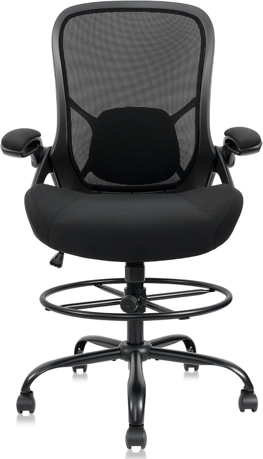 HYLONE 400lbs Big and Tall Heavy Duty Drafting Chair 5" Thickened Seat Tall Office Chair Flip-Up Armrests Ergonomic Chair with Lumbar Support and Adjustable Footrest Ring Standing Desk Chair (Black)
